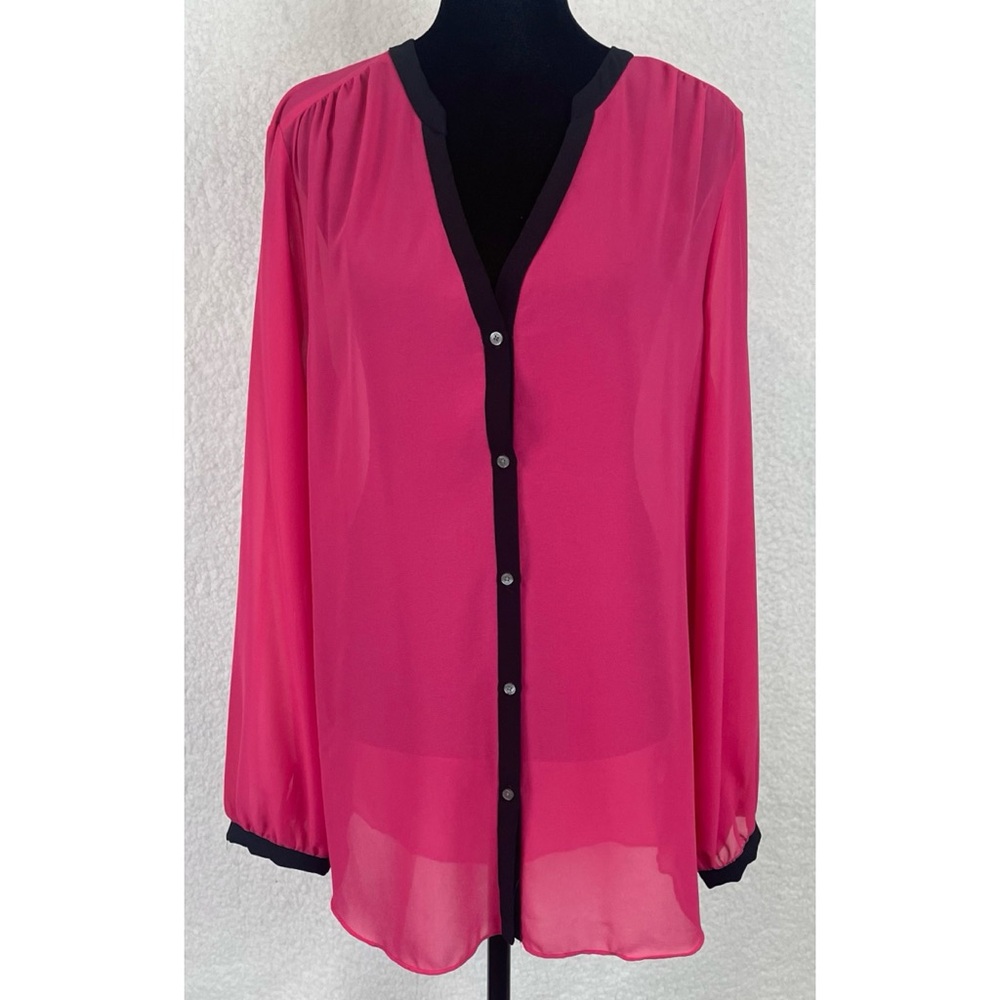 (NWT) DKNYC • Hot Pink/Black Sheer Long Sleeve Button-Down Shirt, L - Picture 4 of 16